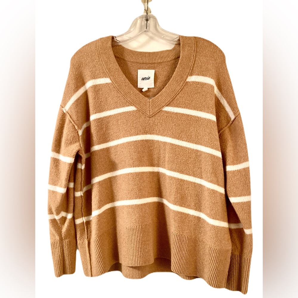 Aerie V-Neck Sweater - Brown and White Stripes